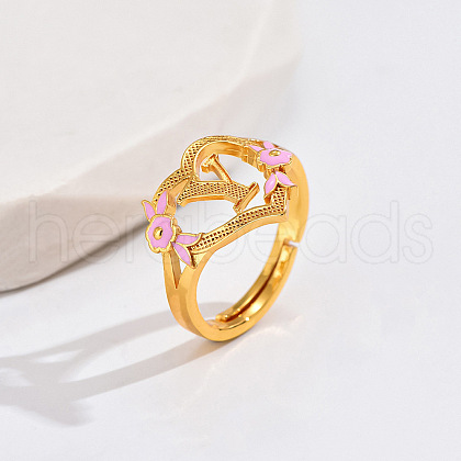 Heart & Flower Brass Pearl Pink Enamel Adjustable Finger Rings FS-WG8B9BA-23-1