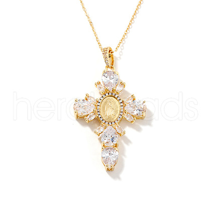 Brass Pave Cubic Zirconia Virgin Mary Cross Pendant Necklaces FU1040-3-1