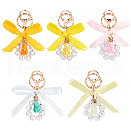 5Pcs Plastic Pearl & Polyester Bowknot Keychain KEYC-PH01537-1