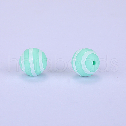 Printed Round with Stripe Pattern Silicone Focal Beads SI-JX0056A-141-1