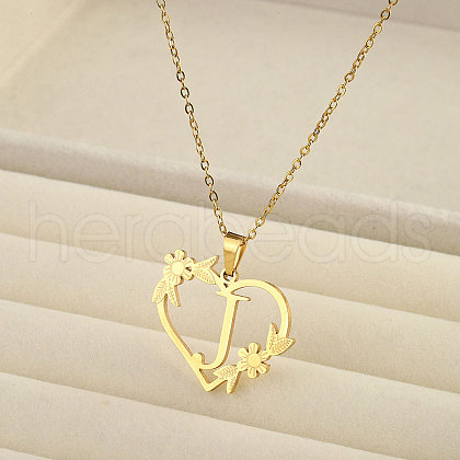 201 Stainless Steel Flower Heart Initial Pendant Necklaces for Women FS-WG08285-03-1