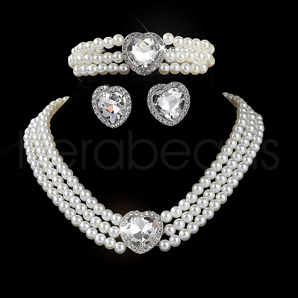 Heart Glass Rhinestone & Plastic Pearl Beaded Necklaces & Stud Earrings & Bracelets Sets FS-WGC950C-02-1