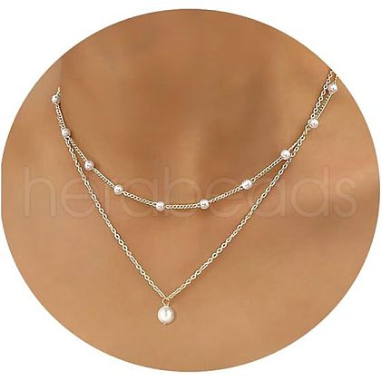 Simple Style Imitation Pearl Round Pendant Alloy Chain Double Layer Necklaces for Women FS-WG0DEC3-02-1