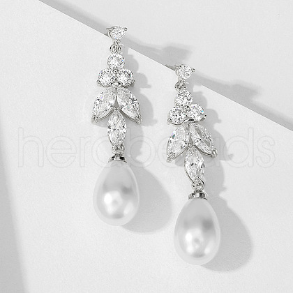 Teardrop with Leaf Brass Clear Cubic Zirconia Dangle Stud Earrings FS-WG5BC5A-01-1