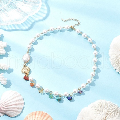 Round Shell Pearl & Natural Keshi Pearl Link Chain Necklaces NJEW-JN05332-1