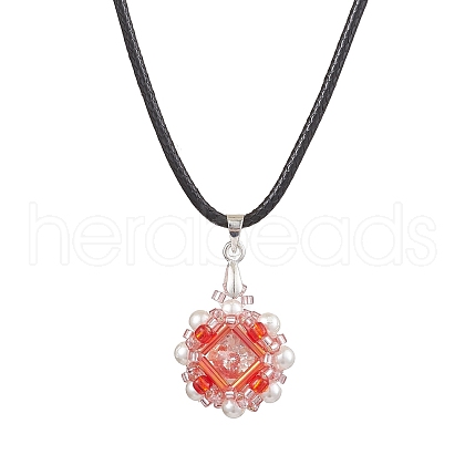 Flower Glass Seed Beads & Acrylic Pendant Necklaces NJEW-MZ00044-02-1