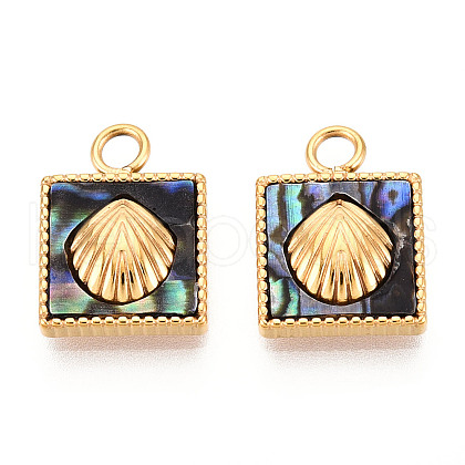 304 Stainless Steel Pave Natural Paua Shell Square with Shell Shape Charms STAS-N112-23B-G-1
