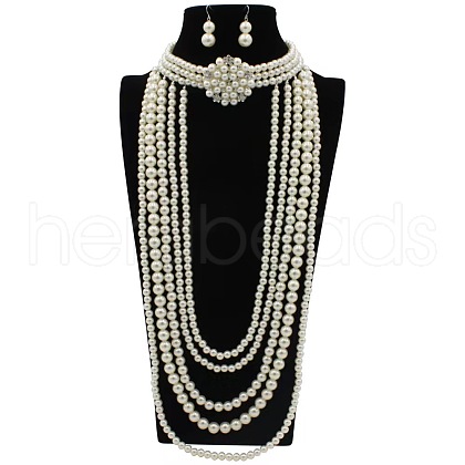 Flower Plastic Pearl Round Beaded Multilayer Necklaces & Dangle Earrings Sets FS-WG7C7AA-05-1