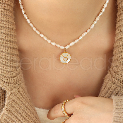 Mother's Day Jewellery 304 Stainless Steel Pave Natural White Shell Constellation Pendant Natural Freshwater Pearl Rice Beaded Necklaces for Women FS-WG631DE-03-1