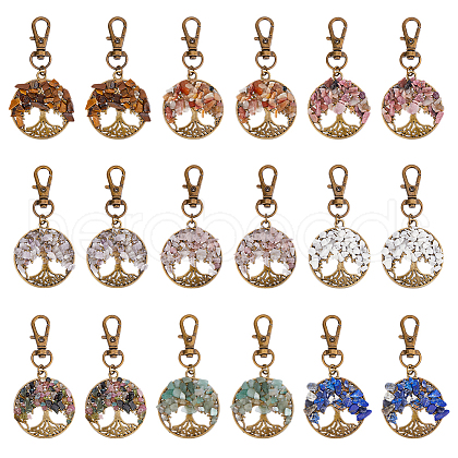 36Pcs 9 Styles Flat Round with Tree of Life Natural Gemstone Chips Pendant Decorations HJEW-FH00052-1