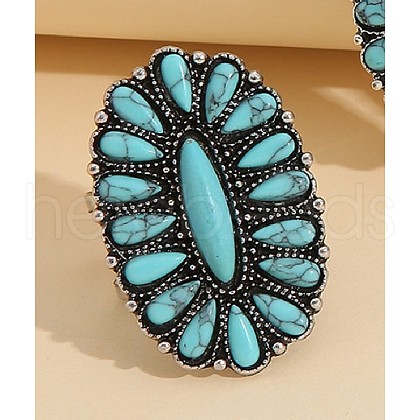 Oval Alloy with Synthetic Turquoise Adjustable Cuff Rings FS-WG97148-02-1