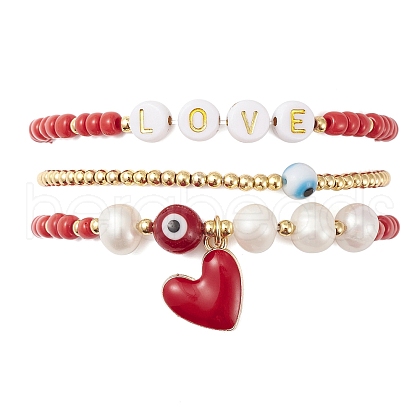 Mother's Day Jewellery 3Pcs 3 Style Natural Pearl & Glass & Acrylic Word Stretch Bracelets Set BJEW-TA00319-1