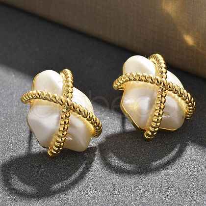 Brass ABC Plastic Imitation Pearl Stud Earrings EJEW-S270-01G-1
