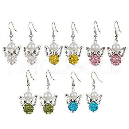 5 Pairs 5 Color Polymer Clay Rhinestone & Glass Pearl Beaded Dangle Earrings EJEW-JE05444-S-1