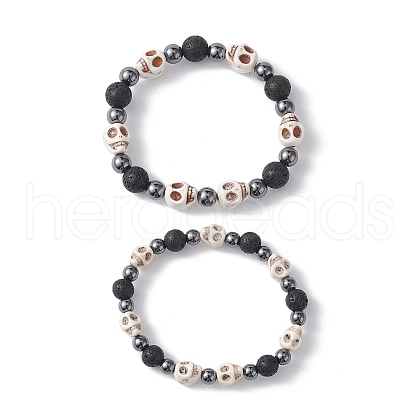 2Pcs Halloween Skull Synthetic Turquoise & Round Lava Rock & Synthetic Non-Magnetic Hematite Beaded Stretch Bracelet Sets for Women BJEW-JB10656-1