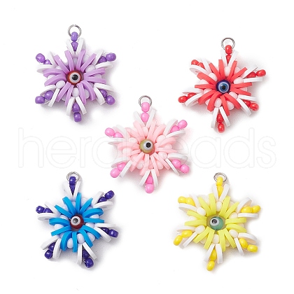 Handmade Polymer Clay and Snowflake Lampwork and Glass Round Pendants PALLOY-MZ00639-1