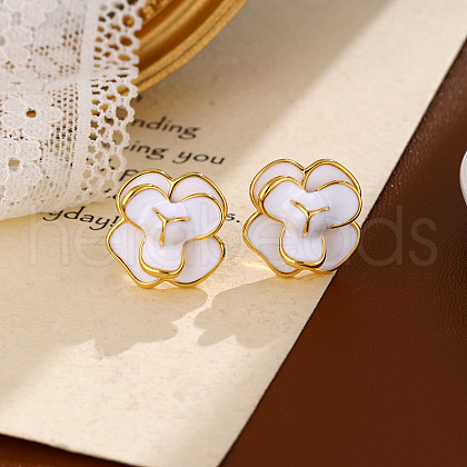 Golden Flower Brass Enamel Stud Earrings EJEW-K308-02G-02-1