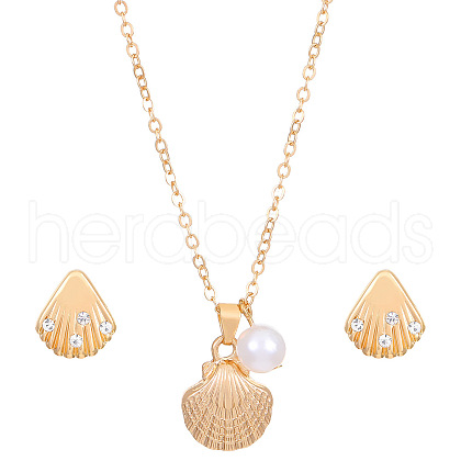 Shell Shape Alloy & Plastic Pearl & Crystal Rhinestone Pendant Necklace & Stud Dangle Earring FS-WG40A88-04-1