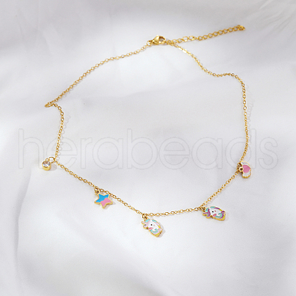 Stainless Steel Colorful Enamel Star Heart Unicorn Pendant Necklaces for Women Daily Wear UE0403-2-1