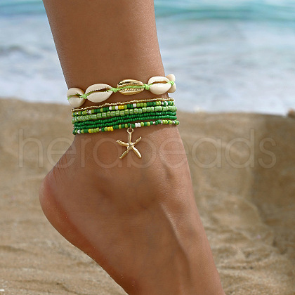7Pcs 7 Styles Summer Beach Glass Seed Beaded & Natural Shell & Alloy Starfish Charm Anklets WG60733-05-1