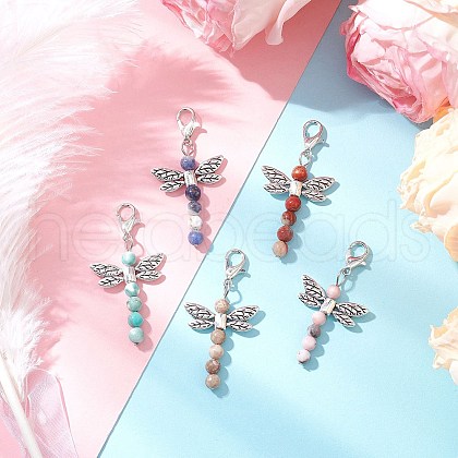 Dragonfly Natural Maifanite & Sodalite & Pink Zebra Jasper & Red Jasper & Magnesite & Alloy Pendant Decorations HJEW-JM03266-1