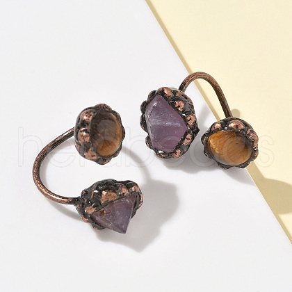 Natural Amethyst & Tiger Eye Rings RJEW-B122-04R-04-1