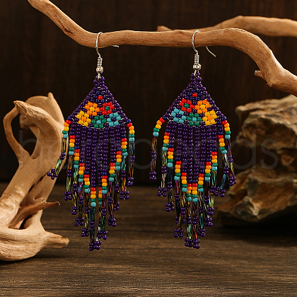 Bohemian Style Handmade Earrings with Glass Beads and Tassels QT0672-3-1