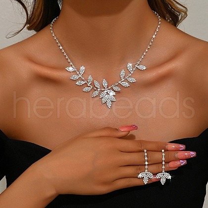 Leaf Brass Rhinestone Stud Dangle Earrings & Pendant Necklaces Set for Women SJEW-M102-07S-1