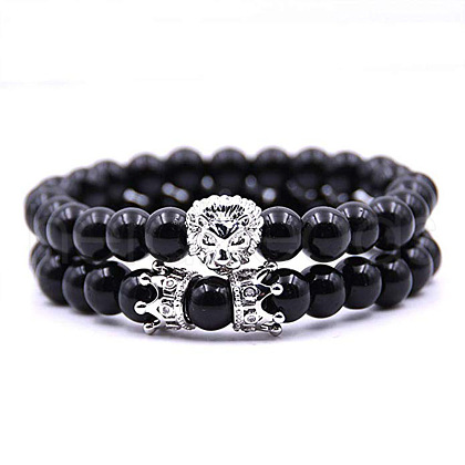 2Pcs Natural Obsidian Round Beaded Stretch Bracelets CG7988-7-1