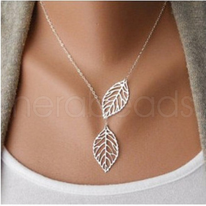 Double Hollow Leaf Alloy Pendant Cable Chain Lariat Necklaces for Women FS-WG05CB9-02-1