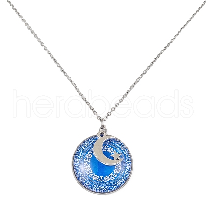 Steel Blue Glass Flat Round & Alloy Pendant Necklace NJEW-JN04453-03-1