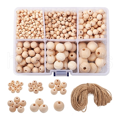6 Style Natural Round Wood Beads and Jute Cords WOOD-YW0001-02-1