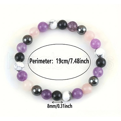 Round Natural & Rose Quartz & Black Stone & Synthetic Howlite & Non-magnetic Hematite Beads Stretch Bracelets for Girl Women FS-WGE0C43-01-1
