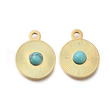 Ion Plating(IP) 304 Stainless Steel Pave Dyed Synthetic Turquoise Flat Round Charms STAS-Q335-17G-1