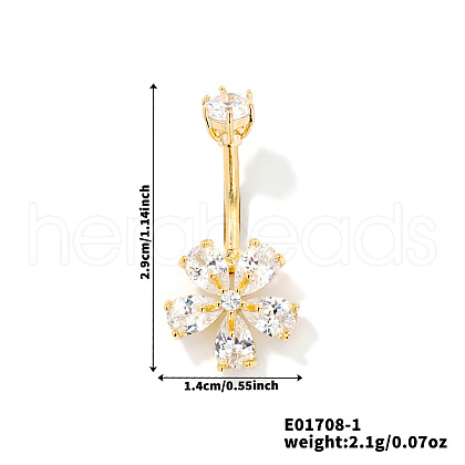 Flower Brass Cubic Zirconia Belly Rings Curved Barbell QR5785-1-1