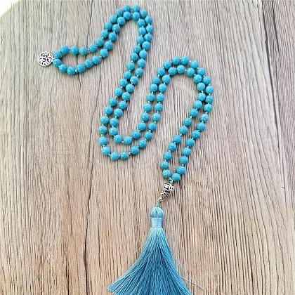 Dyed Synthetic Turquoise Mala Prayer Round Beaded Wrap Necklaces with Long Tassel and Metal Tree of Life FS-WG93CBE-03-1