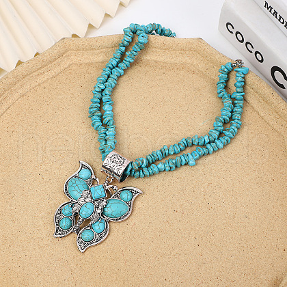 Alloy Pave Synthetic Turquoise Butterfly Pendant Chip Beaded Double Layer Necklaces for Women FS-WGD61BF-01-1