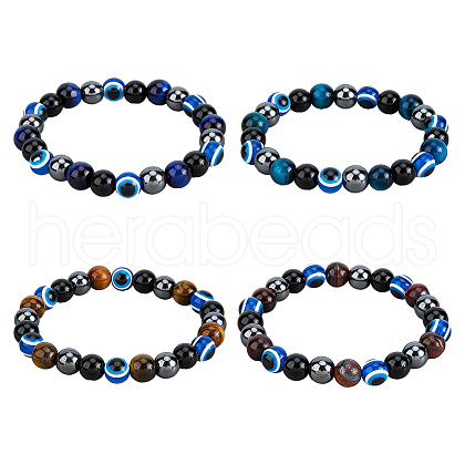 FIBLOOM 4Pcs 4 Colors Evil Eye Dyed Natural Tiger Eye & Black Agate Round Beaded Stretch Bracelets Set BJEW-FI0001-44-1
