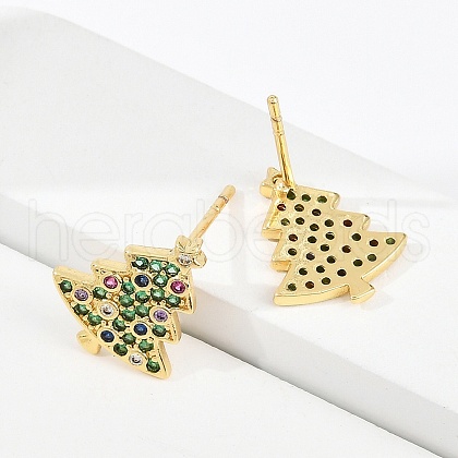 Christmas Rack Plating Brass Cubic Zirconia Stud Earrings EJEW-K245-55D-G-1