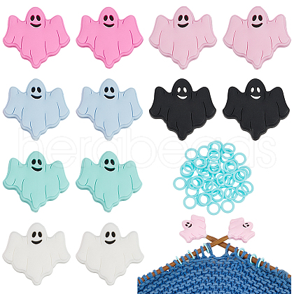 BENECREAT 12Pcs 6 Colors Halloween Ghost Food Grade Eco-Friendly Silicone Beads with 50Pcs Plastic Knitting Stitch Marker Rings SIL-BC0001-10-1