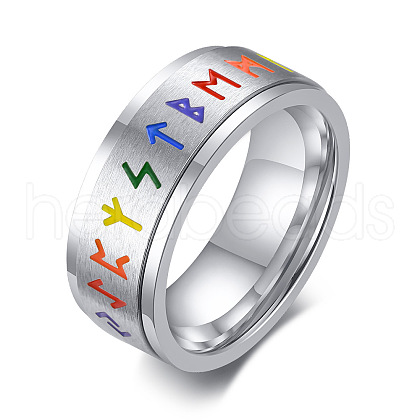 Rainbow Color Pride Flag Rune Words Odin Norse Viking Amulet Enamel Rotating Ring RABO-PW0001-037A-1