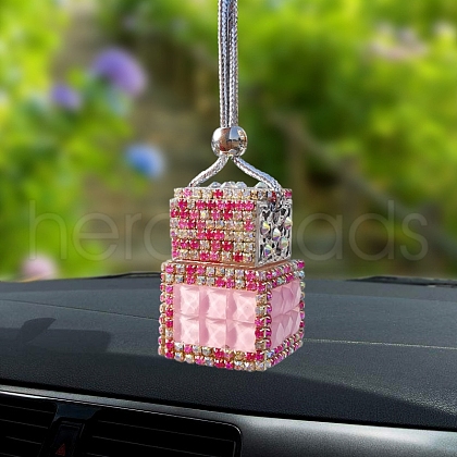 Square Glass Rhinestone Perfume Bottles Air Freshener Diffuser Bottle Hanging Ornaments PW-WG4D125-01-1
