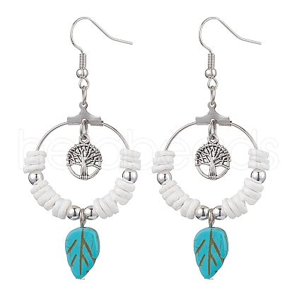 Natural Sea Shell Beads and Synthetical Dyed Turquoise Leaf Pendants Earrings EJEW-JE05921-1