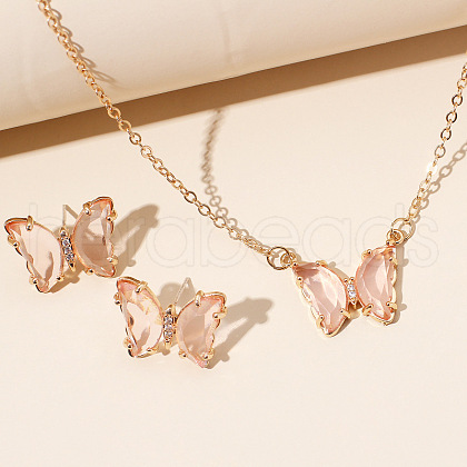 Butterfly Acrylic Rhinestone with Iron Pendant Necklaces & Stud Earrings Sets for Women WGFFCAF-06-1