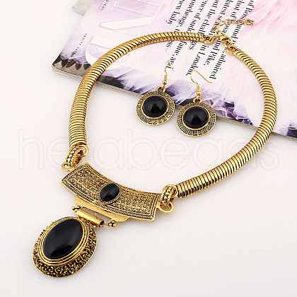 Oval Synthetic Turquoise Pendant Necklaces & Dangle Earrings Sets. Alloy Jewelry Sets FS-WGD3387-02-1