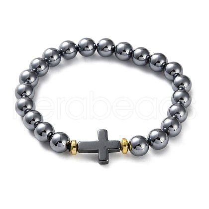 1Pc Natural Terahertz Stone & Non-magnetic Hematite Round Beaded Stretch Bracelets for Men Women BJEW-DJ0001-37-1