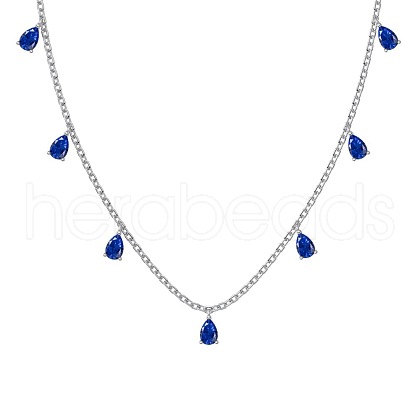 Rhodium Plated 925 Sterling Silver Pave Blue Cubic Zirconia Cable Chain Teardrop Tassel Necklaces for Women NJEW-Q342-14P-1