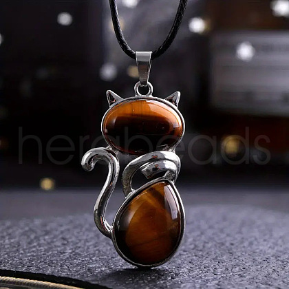 Alloy Pave Natural Tiger Eye Cat Shaped Pendant Necklaces FS-WG6CBFA-06-1