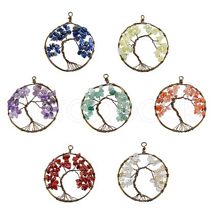 7 Chakra Copper Wired Wrapped Natural Mixed Gemstone Chip Big Pendants PALLOY-AB00196-1