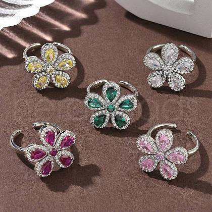 Flower Brass Micro Pave Cubic Zirconia Cuff Rings for Women RJEW-A069-14P-1